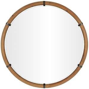 40 in. x 40 in. Round Framed Brown Wall Mirror with Brass Metal Support