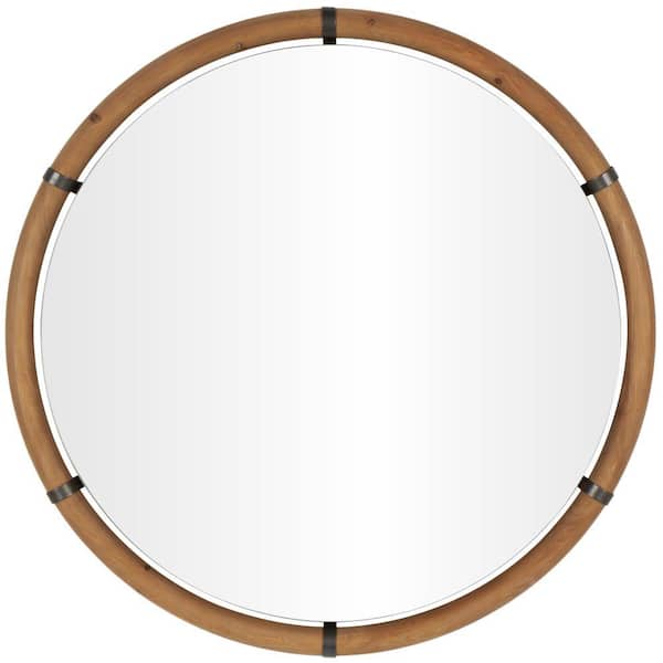Litton Lane 40 in. x 40 in. Round Framed Brown Wall Mirror with Brass Metal Support