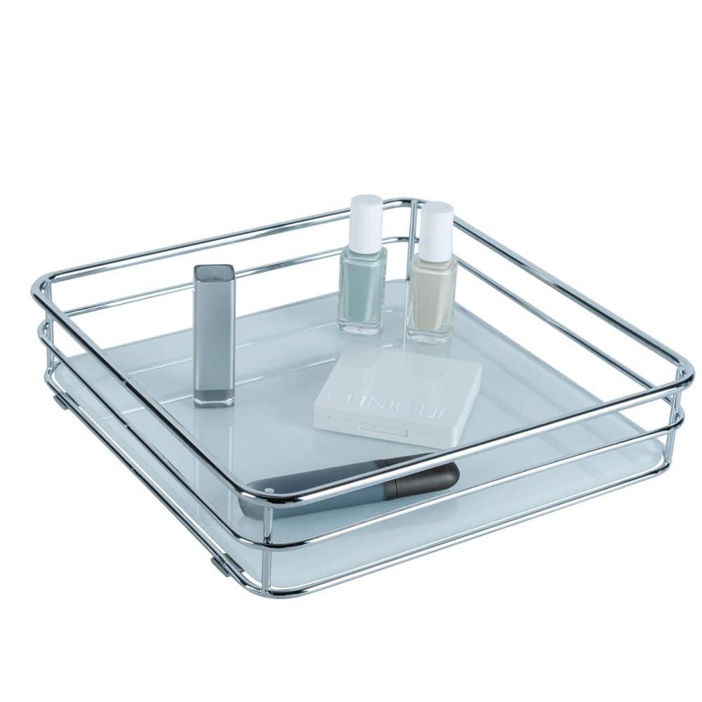Elegant Chrome-Finished Square Vanity Tray with Tempered Glass