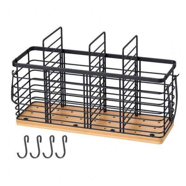 Black Metal Extra Large Kitchen Utensil Holder with Wooden Base and 4 Hooks, 4 Compartments Organizer