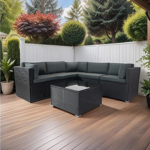 Sudzendf 6 Pieces PE Rattan sectional Outdoor Furniture Cushioned Sofa Set with Dark Gray Cushions