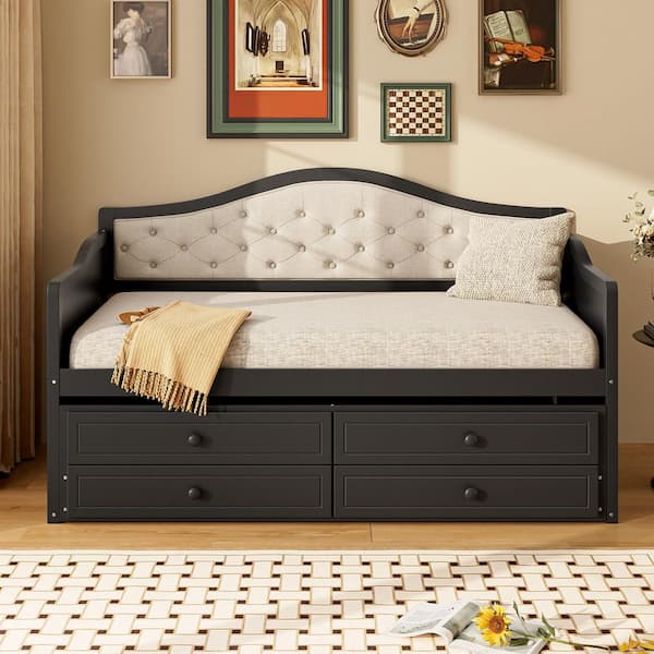 Guide Black Linen Upholstered Twin Size Daybed with Trundle, 2 Storage Drawers, Tufted Backrest