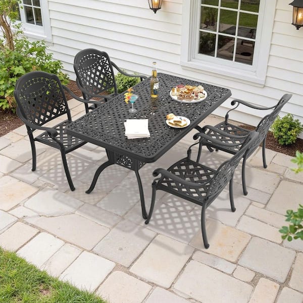 5-Piece Black Cast Aluminum Outdoor Dining Set with Red Cushions