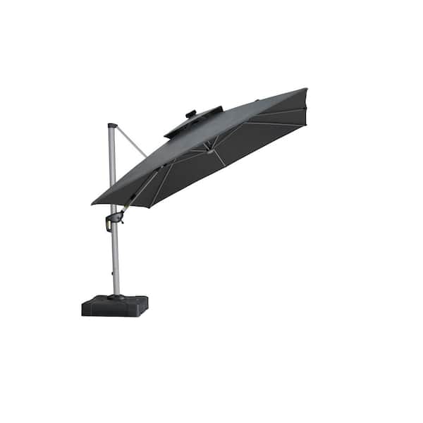 10 ft. Square Sunbrella Aluminum Solar Powered LED Cantilever Offset Patio Umbrella in Gray