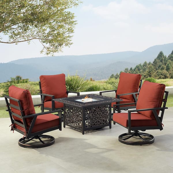 Oakland Living Black 6-Piece Aluminum Patio Fire Pit with 4-Club Chairs Red Cushions