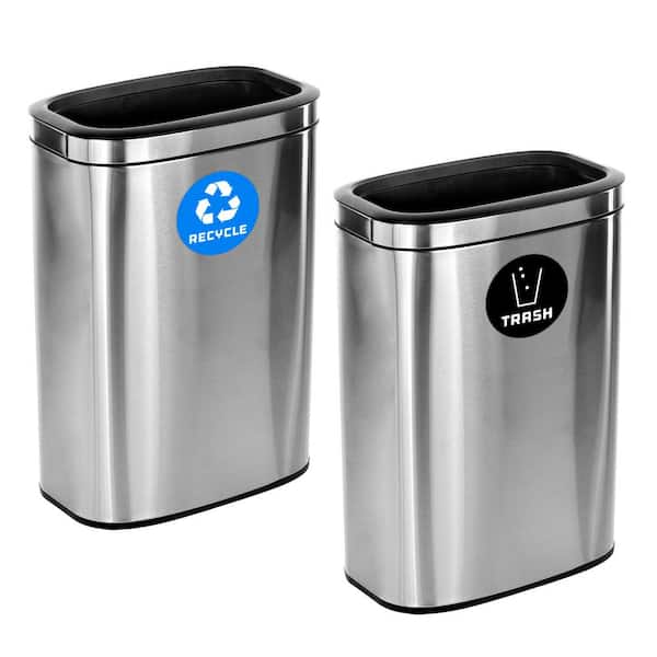 Alpine Industries 10.5 Gal. Stainless Steel Rectangular Liner Touchless Open Top Recycling and Trash Can (2-Pack)