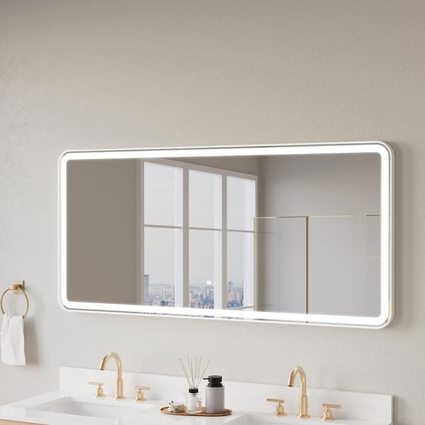 ANGELES HOME 60 in. W x 28 in. H Large Rectangular Aluminum Framed Wall Mount LED Light Bathroom Vanity Mirror in White