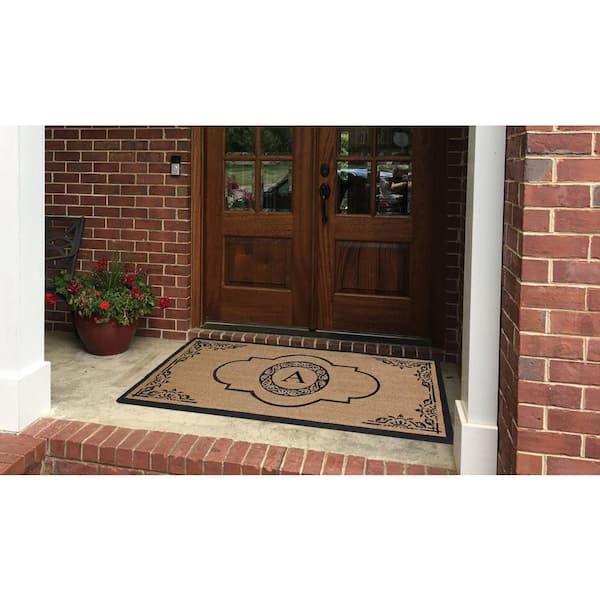 A1HC Abrilina Hand Crafted Black/Beige 36 in. x 72 in. Coir & PVC Heavy Weight Outdoor Entryway Monogrammed A Door Mat