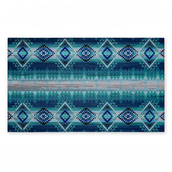 Blue Boho Geometric Blue 18 in. x 30 in. Polyester Non-Slip Outdoor Door Mat