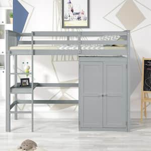 79.7in.Lx43.85in.W Gray Pine Twin Size Loft Bed with Desk and Closet