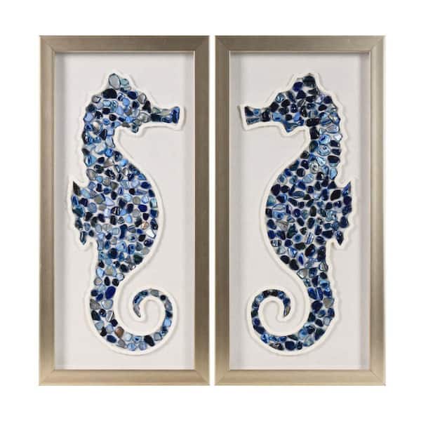 2-Piece Coastal Seahorse Wall Art Set Blue Sea Glass Shell Shadowbox Framed Decor Bathroom Nautical 17.62 in. x 8.62 in.