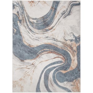Astra Machine Washable Ivory Blue 5 ft. x 7 ft. Abstract Contemporary Area Rug