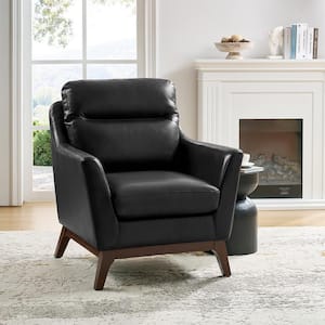 Aeetes BLACK Genuine Leather Armchair with Solid Wood Legs