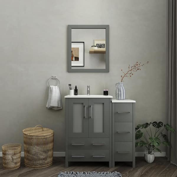 Vanity Art Brescia 36 in. W x 18.1 in. D x 35.8 in. H Single Basin Bathroom Vanity in Grey with Top in White Ceramic and Mirror