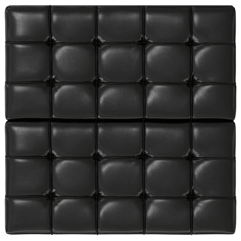 Midnight Black Tufted Faux Leather Storage Ottoman