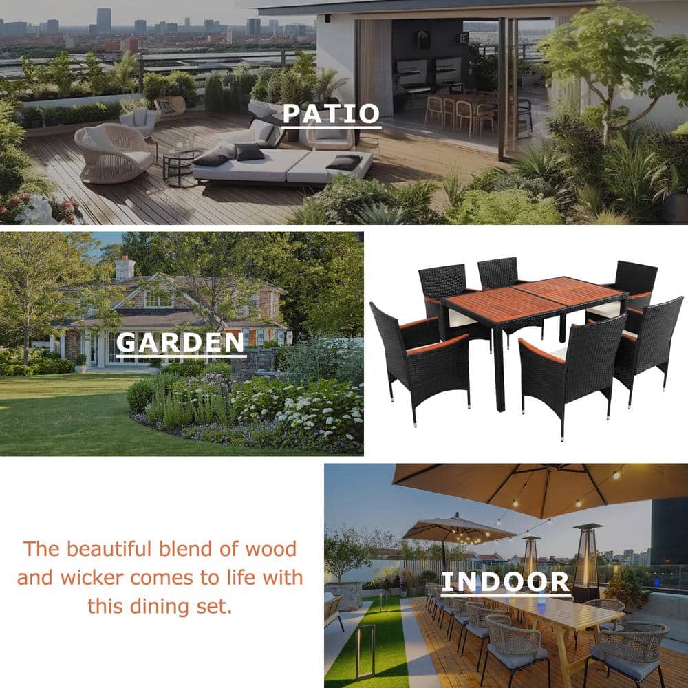 7-Piece Reddish-Brown Wood and Black Wicker Outdoor Dining Set with Beige Cushions