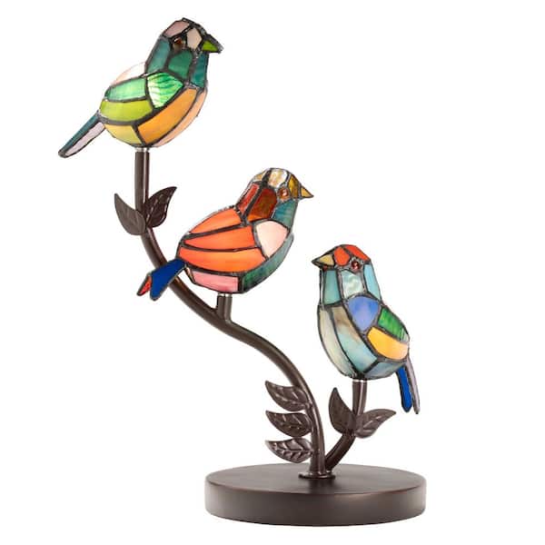Whitney 15 in. Bronze Finish Novelty Bird Table Lamp with Multi-Colored Stained Glass Shades