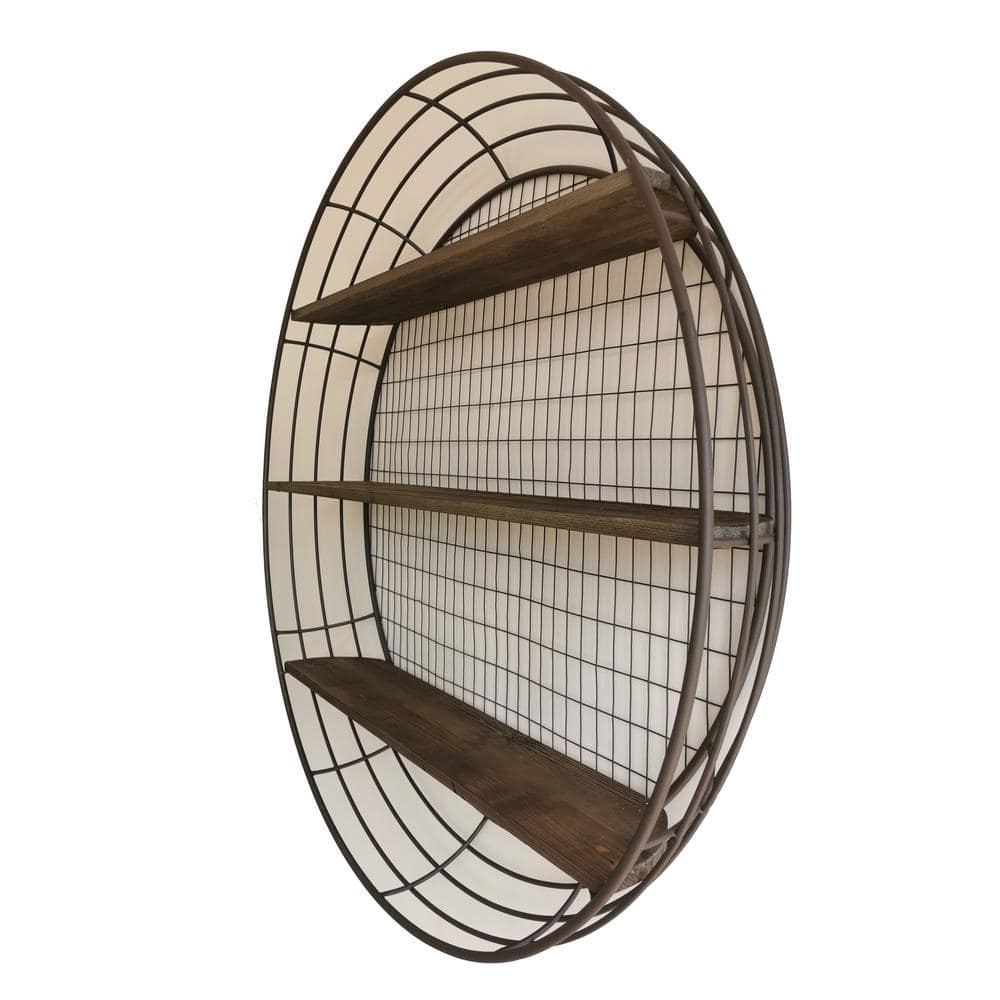 Rustic Elegance 39" Round Iron and Wood 3-Tier Floating Wall Shelf