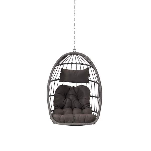 Unbranded 28.5 in. Dark Gray Wicker Hanging Porch Swing with Dark Brown Cushions