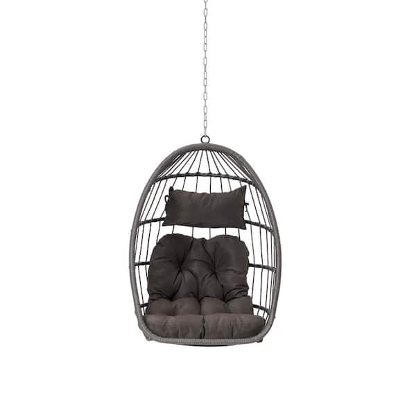 Tealeaf 28.5 in. Dark Gray Wicker Hanging Porch Swing with Dark Brown Cushions