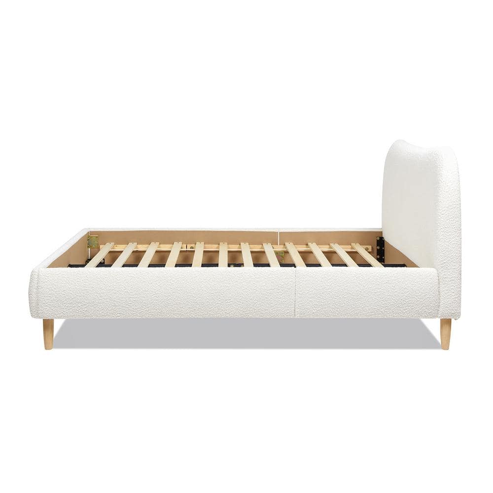 Ivory White Boucle Upholstered Queen Platform Bed with Curved Headboard