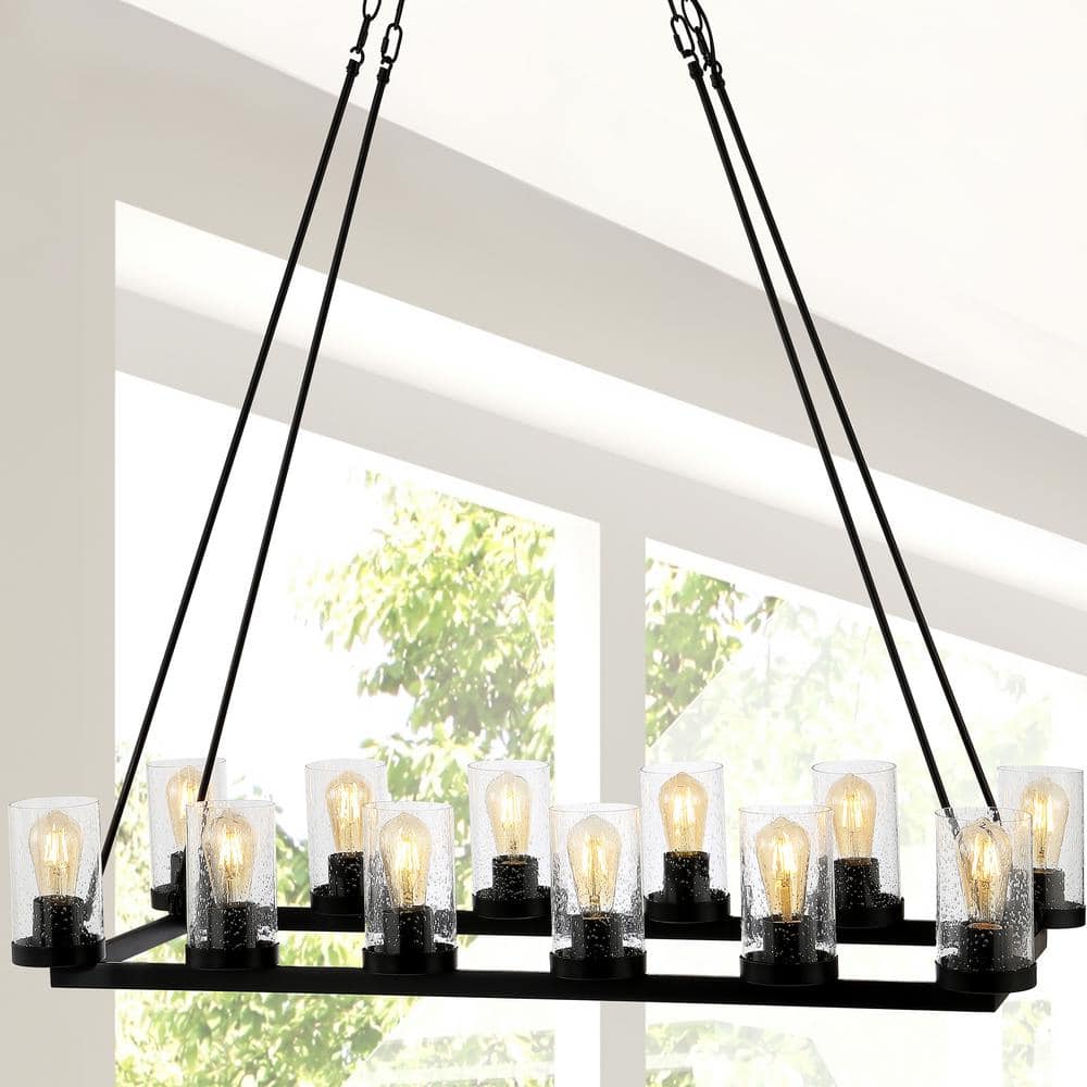 Athos 45.5" 12-Light Black Iron Rustic Farmhouse Chandelier