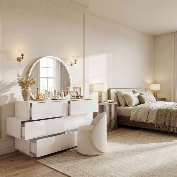 cream color dresser with mirror FUFU&GAGA Cream 7 Drawer 56.3 in. Wide Dresser with Mirror, 3-Color LED  Lighting, Guardrails, Classic Panel Design Z-330164-01+8