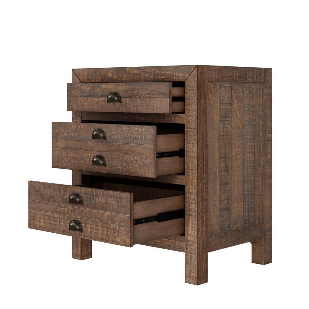 Rustic Brown Solid Pine Wood 3-Drawer Nightstand with Cup Pulls