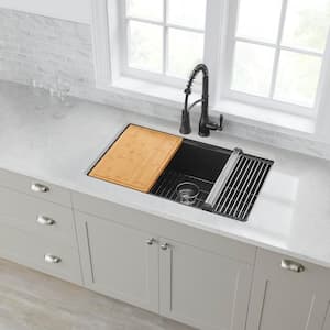 Stonehaven 33 in Drop-In Single Bowl Black Onyx Granite Composite Workstation Kitchen Sink with Stainless Steel Strainer