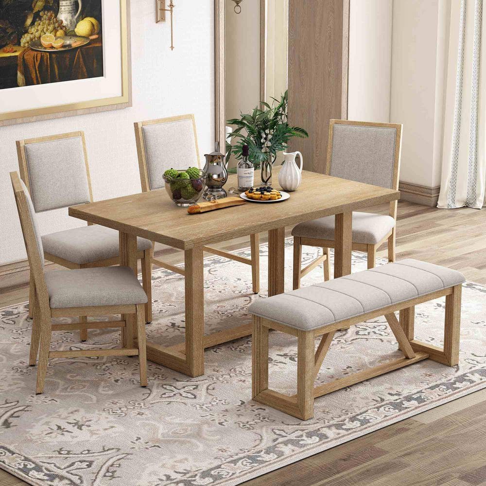 Polibi 6-Piece Rectangle Natural Wood Top Dining Room Set Seats 6
