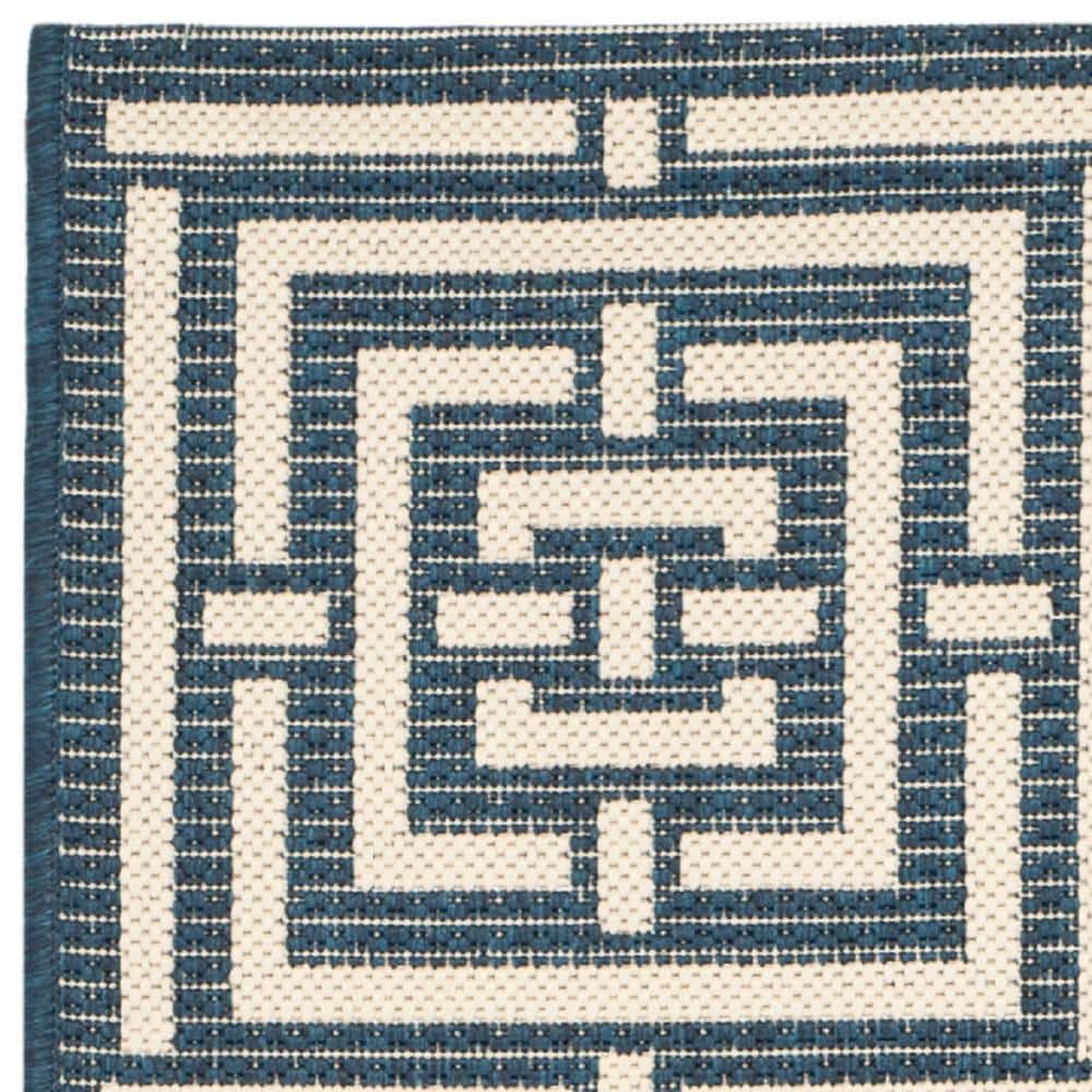 Navy and Beige Geometric Synthetic Indoor/Outdoor Runner Rug