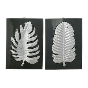Modern Style Rectangular Metallic Silver Metal Leaf Wall Decor Plaques 13.5 in. x 19 in. Each (Set of 2)