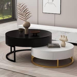 Modern Nesting 31.5 in. W Black and White Round Lift-Top MDF Coffee Table with Drawers