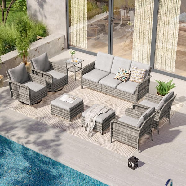 8-Piece Gray Wicker Patio Conversation Set with Swivel Rocking Chairs and Side Table, Linen Gray Cushion