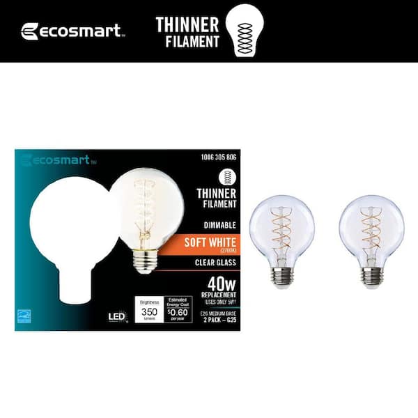 EcoSmart 40-Watt Equivalent G25 Dimmable Fine Bendy Filament LED Vintage Edison Light Bulb Soft White (2-Pack)