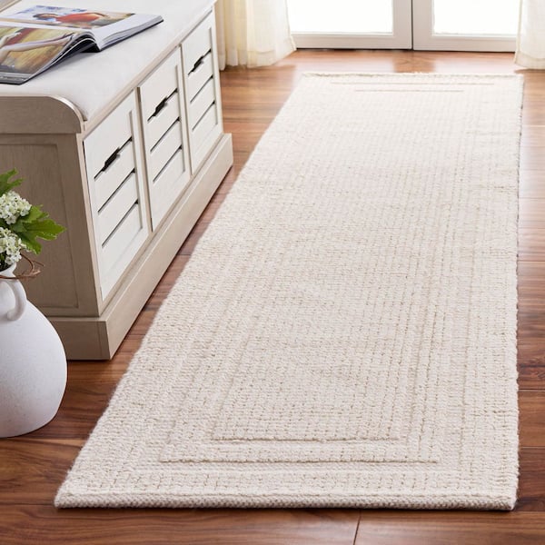 Natura 2 ft. x 8 ft. Ivory Solid Border Striped Runner Rug