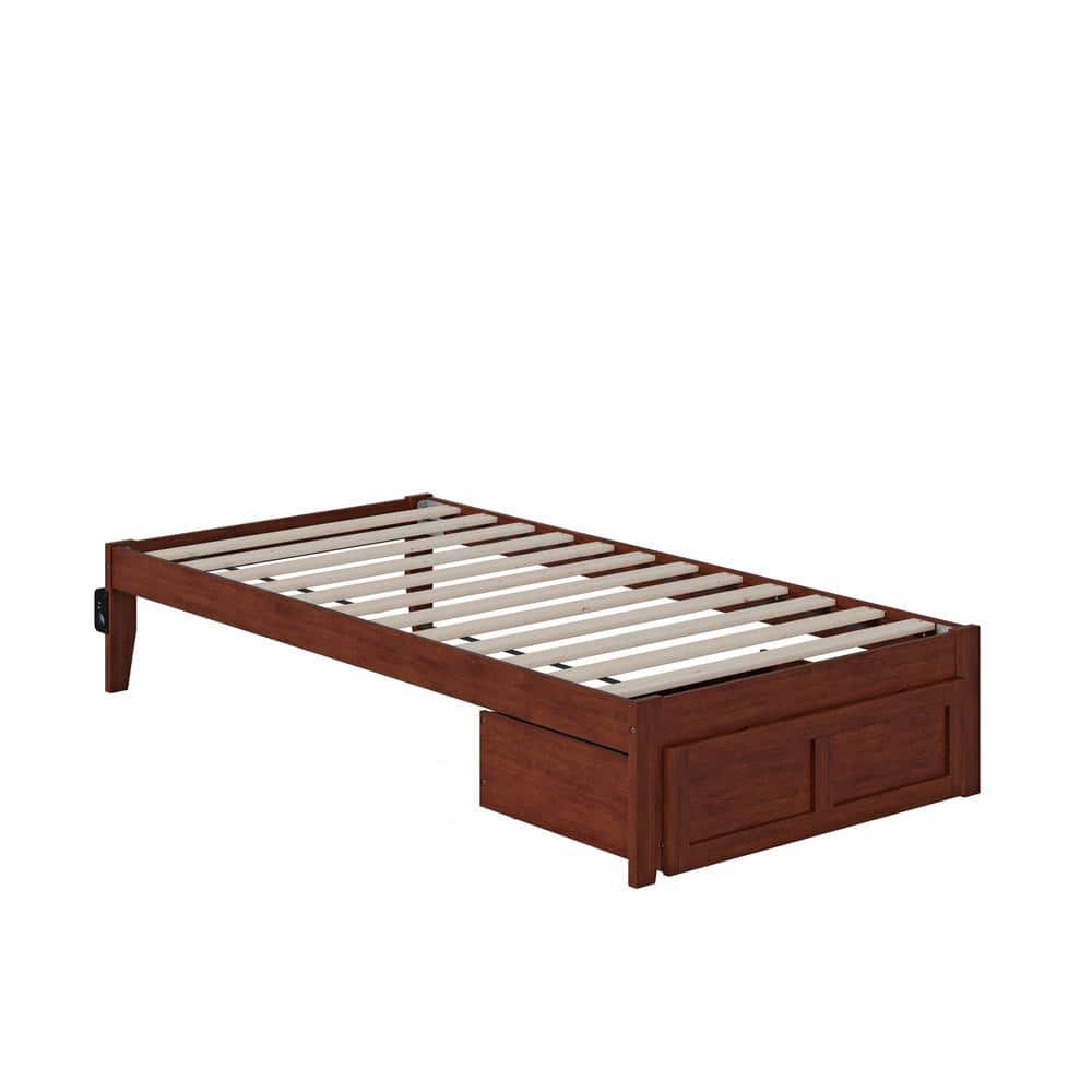 Walnut Twin Wood Frame Bed with Foot Drawer and USB Charger