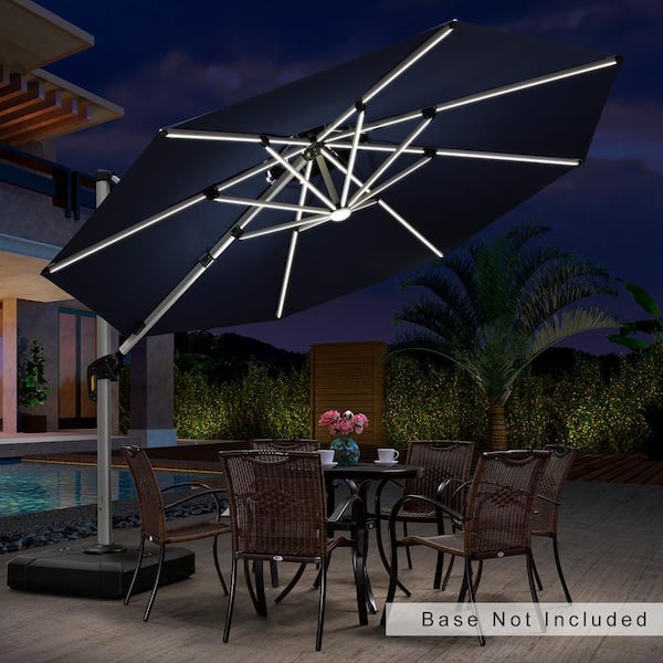 11 ft. Octagon Aluminum Solar Powered LED Patio Outdoor Large Cantilever Umbrella Heavy-Duty Sun Umbrella in Navy Blue
