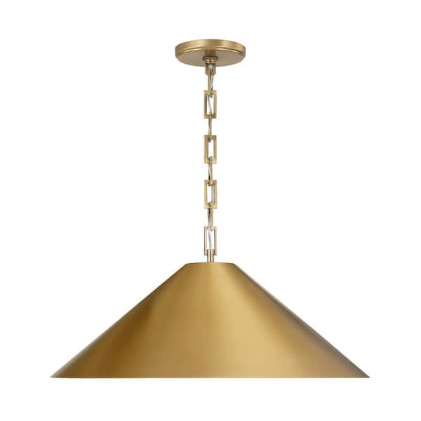 Avery 100-Watt 1-Light Aged Brass Medium Cone Pendant Light with Painted Brass Interior and No Bulbs Included