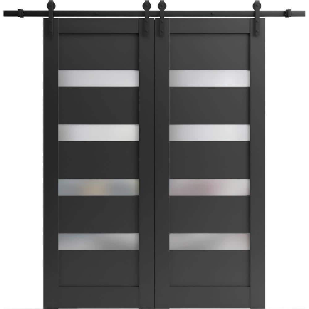 Assemble Required 24 in. x 80 in. 2 Panel Frosted Glass Black Matte Solid MDF Sliding Barn Door with Hardware Kit price history on PriceWatchPro