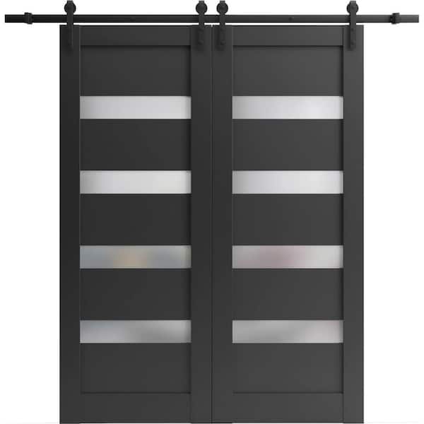 Sartodoors 32 in. x 80 in. 2 Panel Frosted Glass Black Matte Solid Wood Sliding Barn Door with Hardware Kit