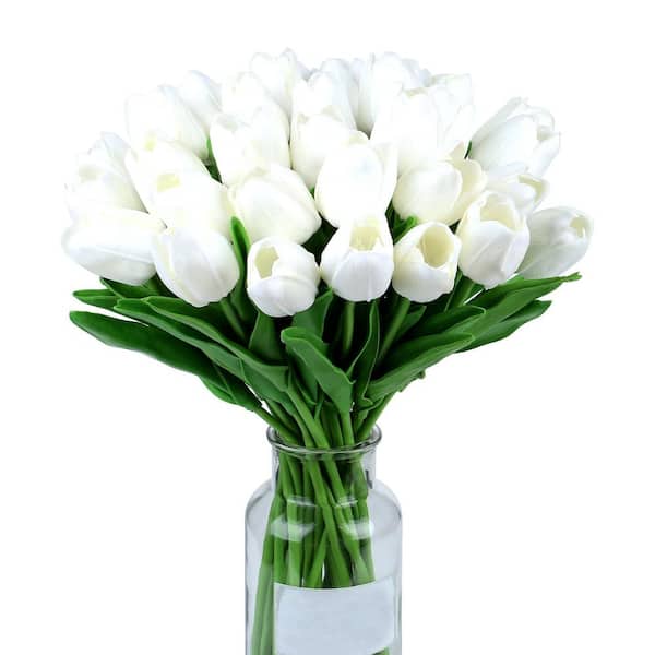 15 14 in. White Artificial Tulips, Made of Realistic PU Material, for Interior Decoration