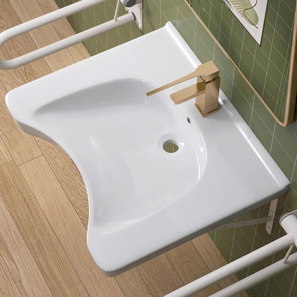 25.5 in. L x 21.8 W x 5.3 D U-shaped ADA Wall-Hung Bathroom Sink Wheelchair Accessible Ceramic Basin with Overflow White