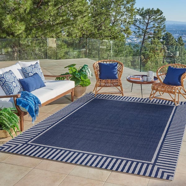 Paseo Kiano Navy/Gray 8 ft. x 10 ft. Striped Border Indoor/Outdoor Area Rug