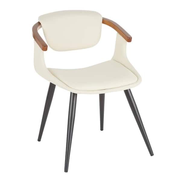 Lumisource Oracle Mid-Century Modern Dining Chair in Cream Faux Leather and Black Metal with Walnut Wood Accents