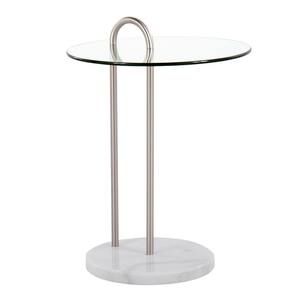 Claire 18 in. Brushed Nickel and White Marble Round Clear Glass End Table