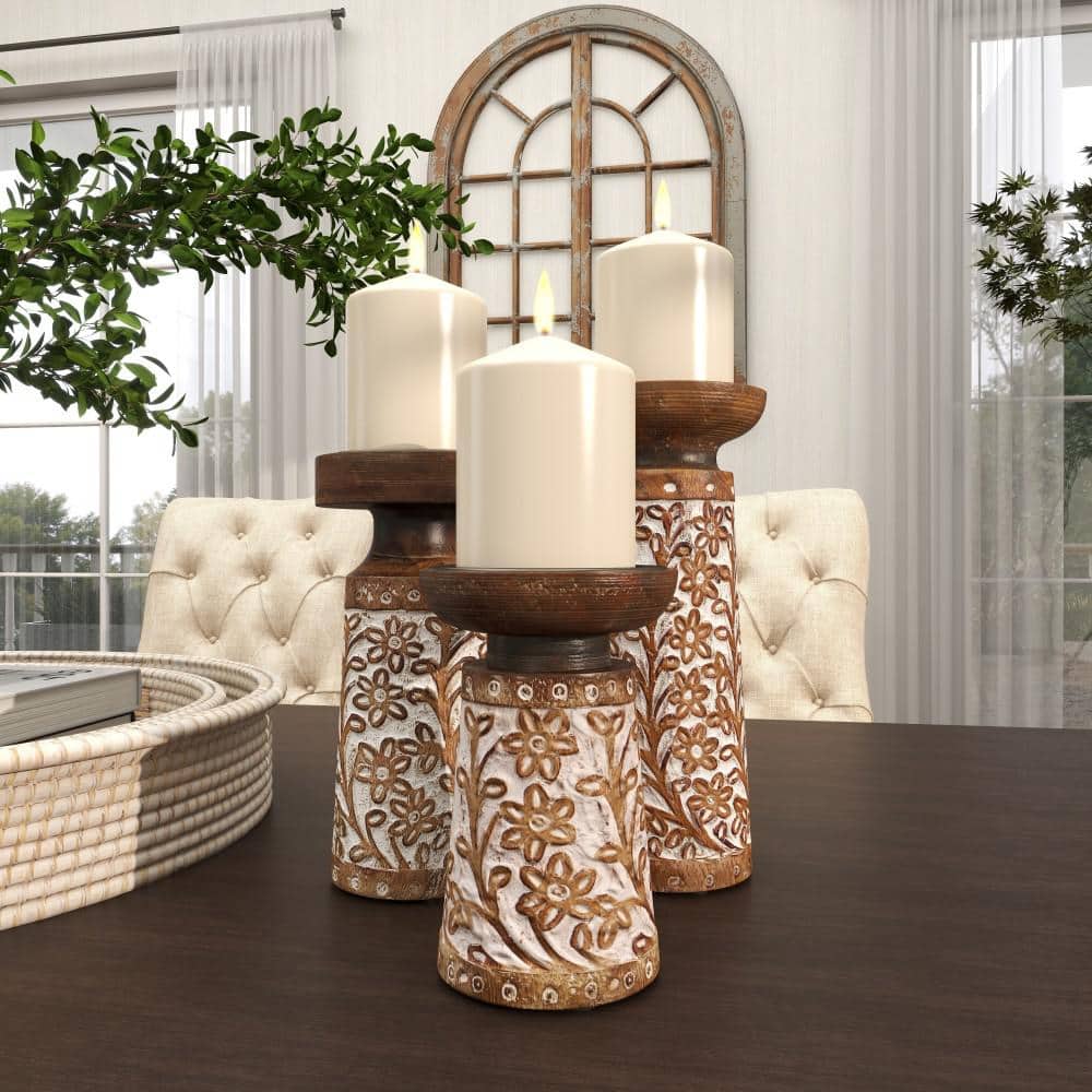 Coastal Charm Mango Wood Carved Pillar Candle Holders, Set of 3