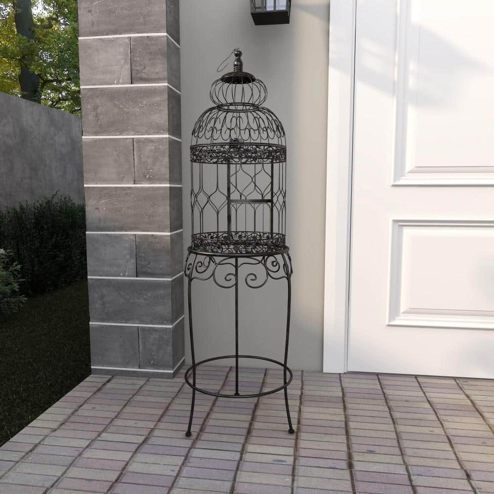 Victorian Black Metal Birdcage with Stand and Hook