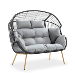 Corina Dark Gray Patio Wicker Oversized Stationary Egg Chair Loveseat with Gray Cushions