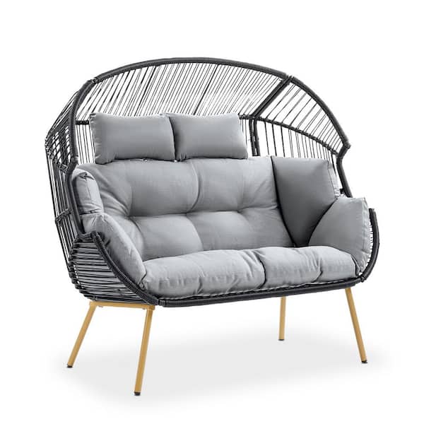 Gymojoy Corina Dark Gray Patio Wicker Oversized Stationary Egg Chair Loveseat with Gray Cushions
